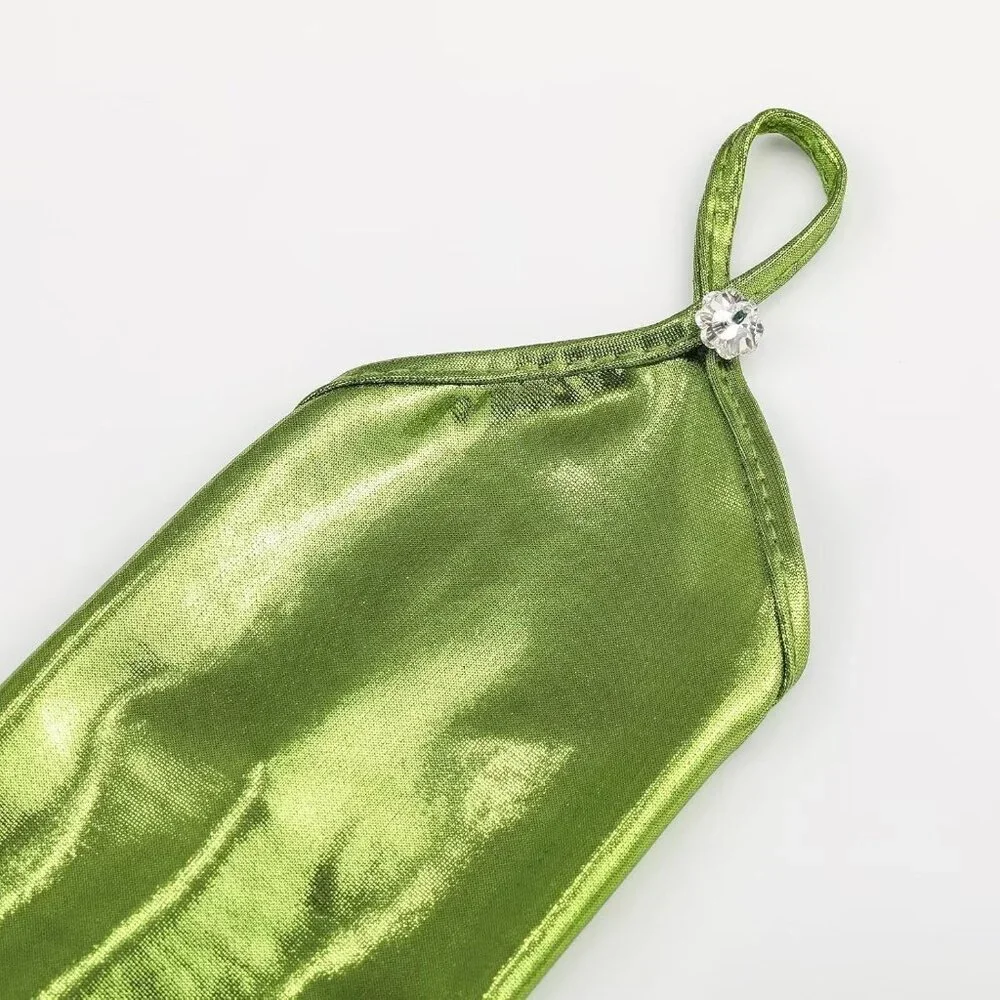 Women's Green Shiny Elastic Satin Rave Fingerless Long Gloves Party Costume